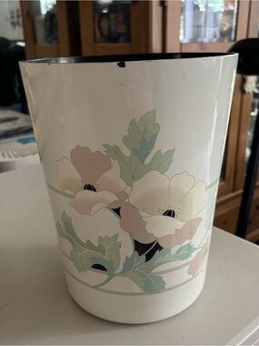 White Floral Ceramic Wastebasket with Soft Pink and Sage Accents